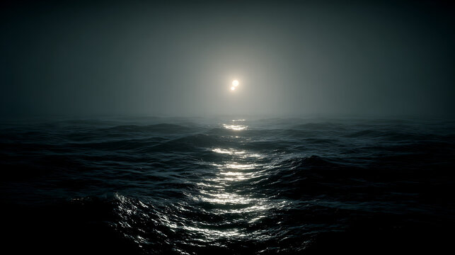 Dark ocean waves under a hazy moonlit sky night water