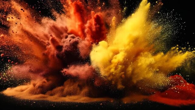 Dynamic explosion of vibrant orange, red, and yellow powder against a dark background, creating an energetic abstract burst 4k video