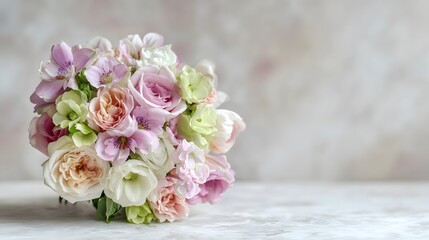 Beautiful pastel flower bouquet of roses and lisianthus on a textured background with copy space.