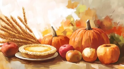 painterly thanksgiving harvest table with pumpkins, apples, pies and wheat in warm autumn palette