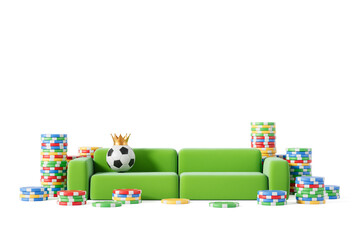 Soccer ball with crown on green sofa surrounded by colorful poker chips, isolated on white background, symbolizing sports betting concept. 3D Rendering