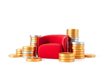 Red armchair surrounded by stacked gold and silver coins symbolizing wealth and success on white background. 3D Rendering concept of financial prosperity. 3D Rendering