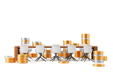 Office boardroom with modern chairs surrounded by stacks of gold and silver coins on white...