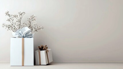 Two white gift boxes with gold ribbon accents sit on a light-colored shelf. One box is taller and contains a bouquet of delicate white flowers with light blue t