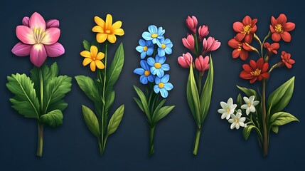 Obraz premium A vibrant bouquet of five different colorful flowers arranged in a row