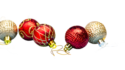 A row of various Christmas toys on a white background. Created using artificial intelligence