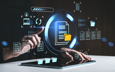 Digital document management interface with glowing folder icons and user interacting on touchscreen, futuristic data organization concept interface.