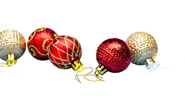A row of various Christmas toys on a white background. Created using artificial intelligence