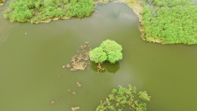 Drone footage showing widespread flooding across farmland, with standing water covering large field sections and making cultivation impossible for local farmers.