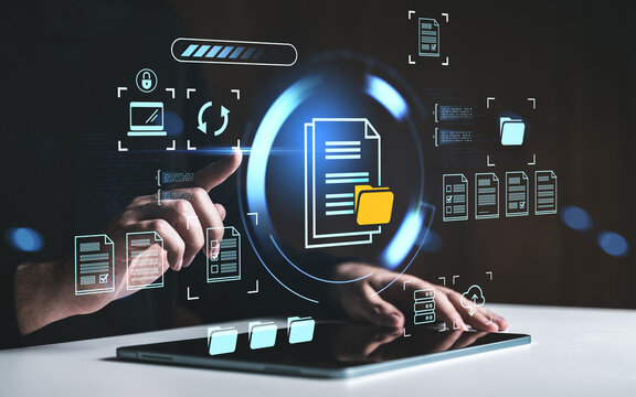 Digital document management interface with glowing folder icons and user interacting on touchscreen, futuristic data organization concept interface.