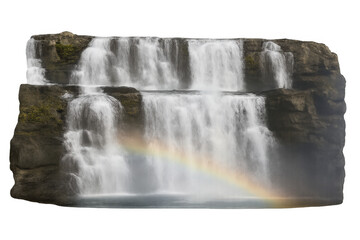 Naklejka premium Water cascading over tiered rocks with rainbow forming in mist, element with transparent background