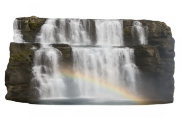 Water cascading over tiered rocks with rainbow forming in mist, element with transparent background