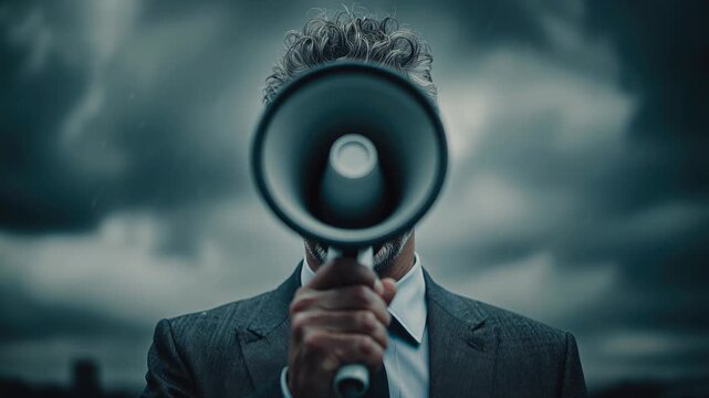 A man with curly gray hair holds a megaphone in front of his face. Dark clouds fill the sky, creating a dramatic atmosphere.