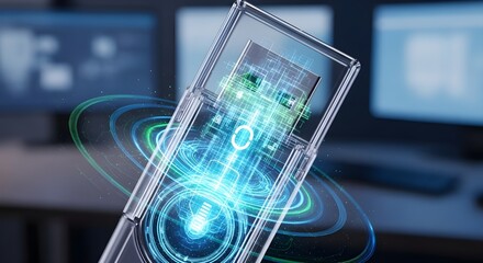 Futuristic technology concept of advanced digital data storage and transfer with glowing energy streams