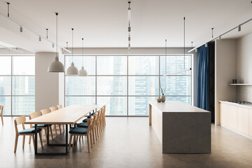 Modern open space interior design with large windows, minimalist kitchen island, and long dining table in city high-rise apartment. 3D Rendering. 3D Rendering