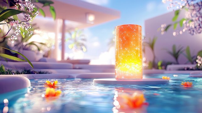 A cylindrical candle with a gradient of orange and yellow light, filled with sparkling particles, sits on a white platform in a tranquil pool. Blooming white fl