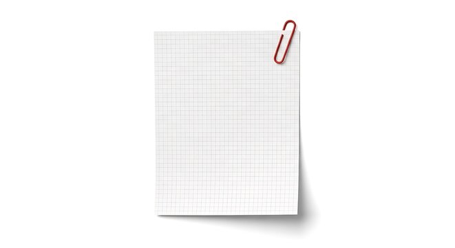 Blank grid paper sheet held by a red paperclip, isolated on a white background