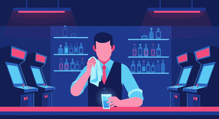 Illustration of a bartender cleaning a glass at a retro arcade bar with neon lights and games