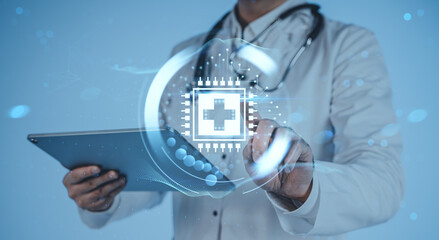 Futuristic healthcare technology interface with doctor using tablet on blue background in a creative digital medical innovation concept.