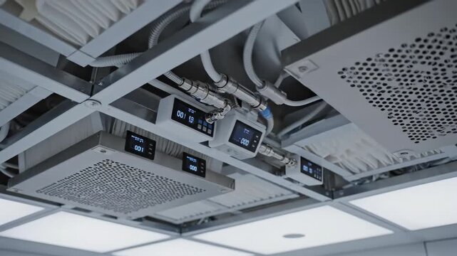 A complex ceiling system with vents, filters, and digital readouts in a modern, sterile environment