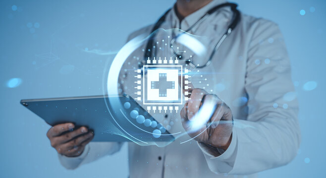 Futuristic healthcare technology interface with doctor using tablet on blue background in a creative digital medical innovation concept.
