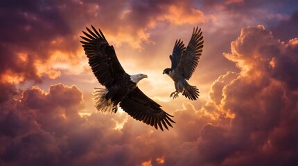 Fototapeta premium Soaring Eagles: Two majestic eagles gracefully glide through a dramatic sky, their powerful wings outstretched against a canvas of fiery clouds, symbolizing freedom and strength.