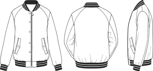Technical fashion flat drawing of a classic varsity bomber jacket featuring raglan sleeves, ribbed cuffs, striped collar, snap button closure, and front welt pockets in three views.