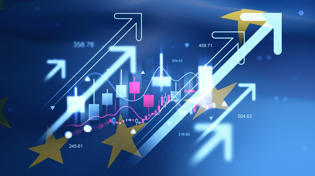 European financial growth concept with upward arrows and stock market data on abstract blue background with stars representing EU.