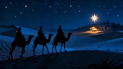 AI genereted video of Epiphany and Christmas Nativity Scene: Three Wise Men Magi Riding Camels in Desert Night towards Star of Bethlehem, Silhouette Camels.