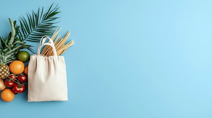 A collection of fresh fruits and vegetables, including a pineapple, oranges, tomatoes, lime, and onions, are arranged next to a canvas tote bag filled with past