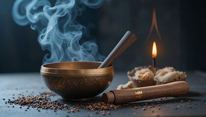 Smoke Rising From Ritual Bowl in Warm Candlelight