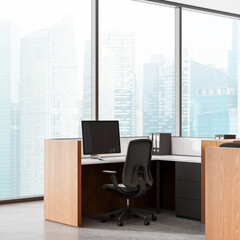 Modern interior design of office workspace with wooden cubicle, ergonomic chair, and cityscape view through large windows in high-rise building. 3D Rendering