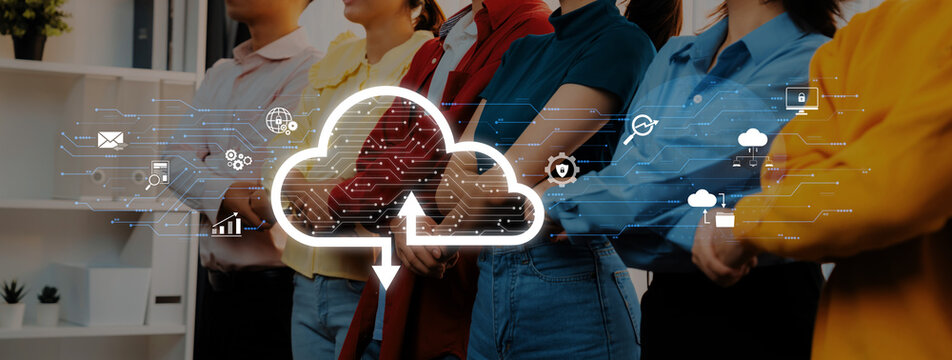 A diverse group of people stands together symbolizing collaboration and innovation in the digital age, with cloud technology visual representation enhancing connectivity. Trope