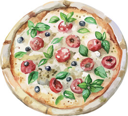 Greek Pizza Food Vector Watercolor Illustration