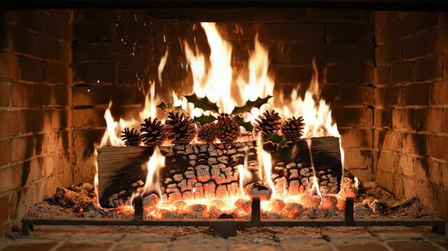 Cozy fireplace scene with crackling flames, perfect for winter holiday ambience and warm family moments video background