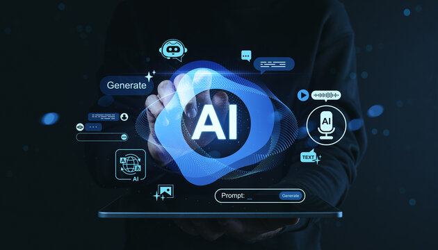 Futuristic AI generation interface with glowing holographic digital elements and tech icons on dark background held by hand in creative technology concept.