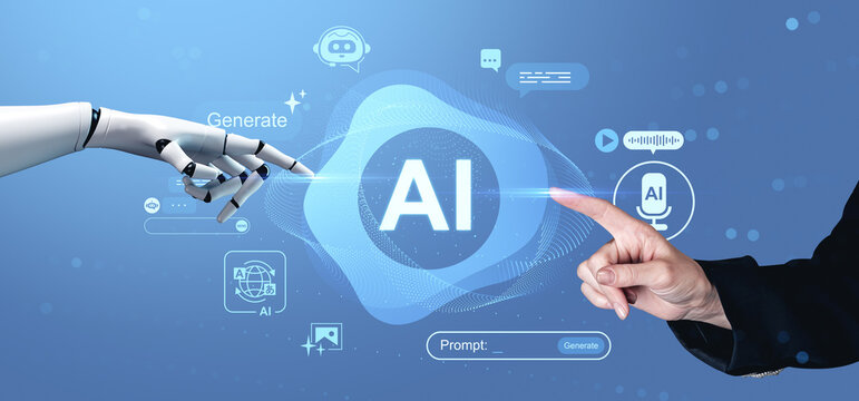 Human and robotic hands pointing toward glowing AI hologram interface on futuristic blue background with tech icons and digital interaction concept.