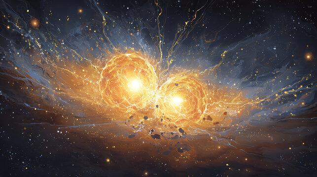 Fiery celestial bodies colliding amidst cosmic dust and stellar explosions space stars