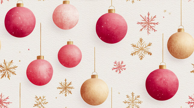 Elegant christmas pattern featuring red and gold ornaments and shimmering snowflakes arranged on a textured white background