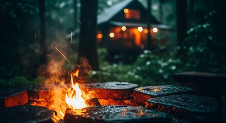 A cozy campfire crackles in a stone fire pit on a rainy evening, with a warmly lit cabin nestled in the dark woods behind.