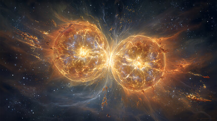 Fiery celestial bodies colliding with bright energy bursts and starry background cosmic collision