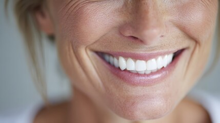 Obraz premium Close up of a mature woman with a beautiful white smile and wrinkles.