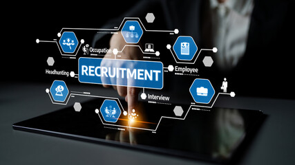 A modern illustration showcasing the recruitment process through digital technology, highlighting opportunities, interviews, and headhunting strategies in an engaging manner. Tessel