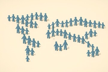 Naklejka premium Families of people holding hands, shaping the continents of a world map. Concept of global community, unity, and population dynamics