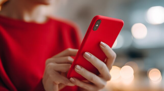 Close up of a woman in a red sweater using a modern red smartphone.