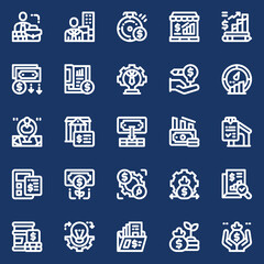 Vector icon set illustrating key business concepts like financial contracts, investment strategy, capital growth, market analysis, and corporate banking