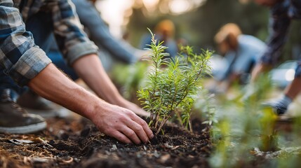 Close up of hands planting a small green sapling in the soil.