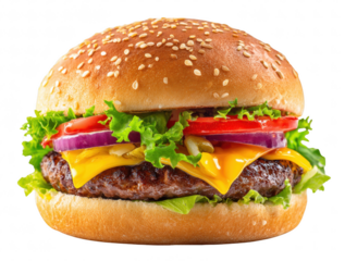 Hamburger with bun and fillings, isolated on transparent background, fast food concept, sharp focus