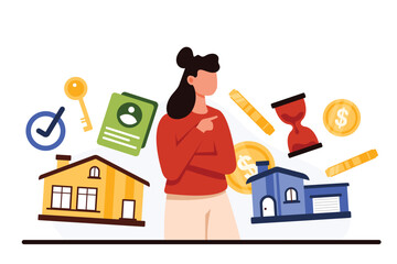 Comparison of different options to buy or rent property, choice of investment in big or small house. Woman thinking about saving money, choose affordable home size cartoon vector illustration