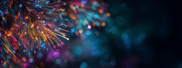 Colorful fiber-optic lights with a festive abstract bokeh background.
